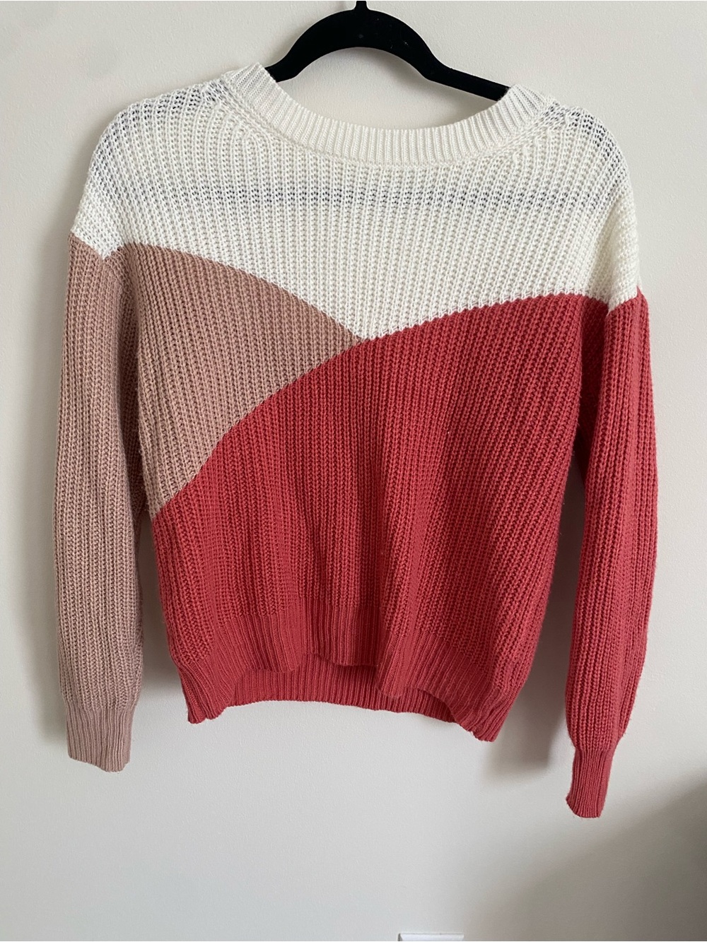 SHEIN White, Dusty Pink & Coral Colorblock Crewneck Sweater